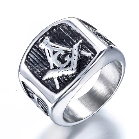 Anillo de Masonería de Acero Inoxidable Vintage para Hombre Retro Punk Escuadra Compás Letra G Anillo de Sello Joyería Biker Plata