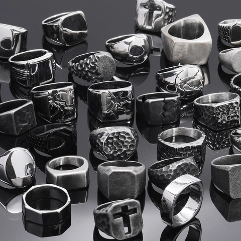 Industrial Punk Stainless Steel Ring For Men Minimalist Geometric Hammered Texture Signet Ring Business Fashion Jewelry Accessory