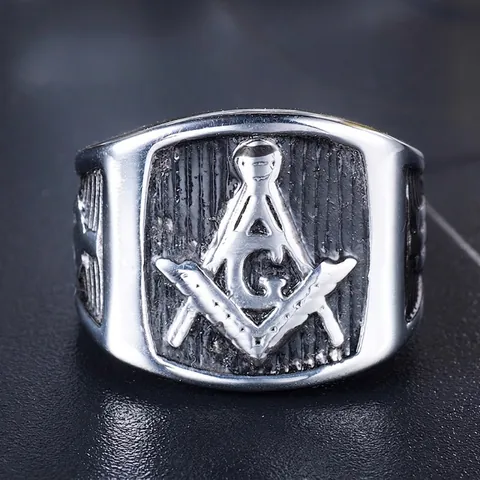 Anillo de Masonería de Acero Inoxidable Vintage para Hombre Retro Punk Escuadra Compás Letra G Anillo de Sello Joyería Biker Plata
