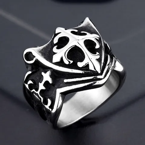 Anello da Uomo in Acciaio Inossidabile a Forma di Scudo Gotico Giglio Hip Hop Punk Cross Signet Ring Gioielli Regalo