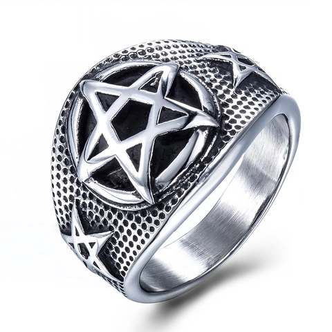 Men's Punk Gothic Pentagram Star Ring Titanium Steel Polished Biker Ring Vintage Silver Energy Star Ring For Men Jewelry