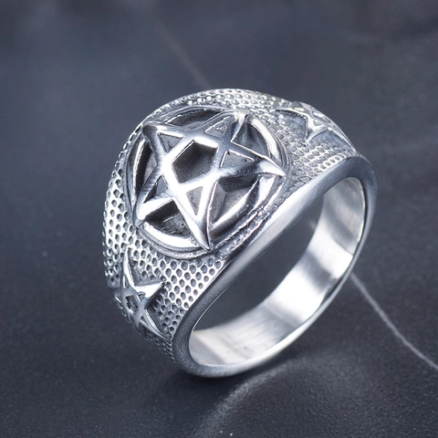 Men's Punk Gothic Pentagram Star Ring Titanium Steel Polished Biker Ring Vintage Silver Energy Star Ring For Men Jewelry