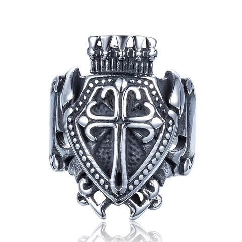 Anello Uomo in Acciaio al Titanio Vintage Corona Croce Scudo Gotico Punk Biker Anello a Fascia Gioielli Religiosi Retro