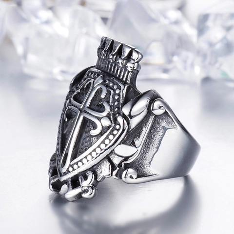Anello Uomo in Acciaio al Titanio Vintage Corona Croce Scudo Gotico Punk Biker Anello a Fascia Gioielli Religiosi Retro