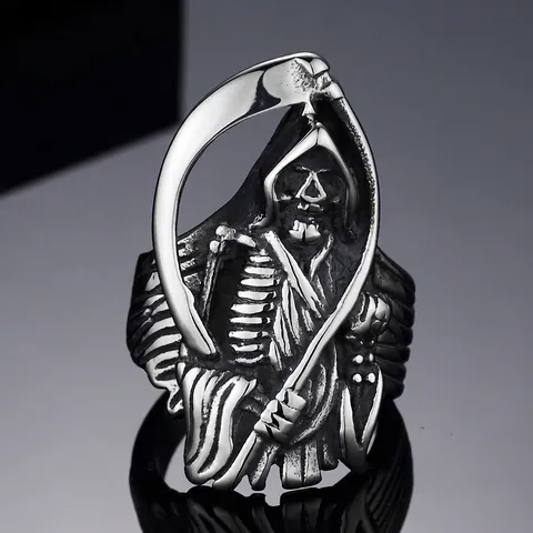 Men's Grim Reaper Skull Ring Stainless Steel Polished Gothic Punk Rock Scythe Death Figure Band Ring Biker Jewelry