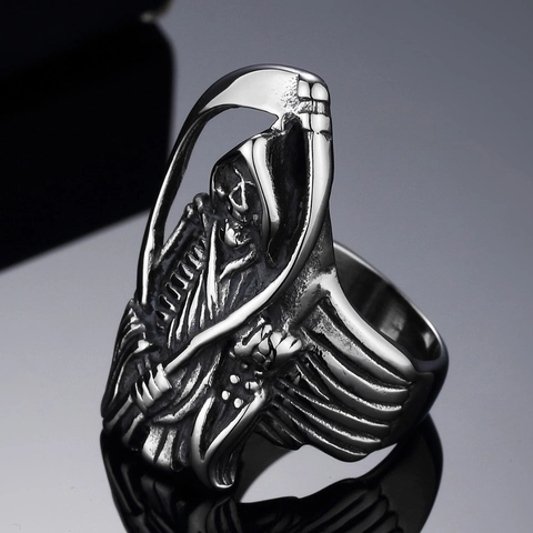 Men's Grim Reaper Skull Ring Stainless Steel Polished Gothic Punk Rock Scythe Death Figure Band Ring Biker Jewelry