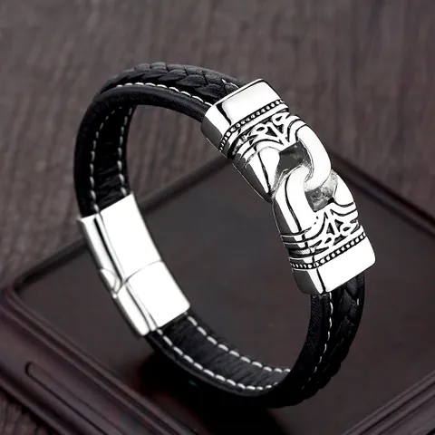 Men Retro Braided Leather Bracelet Viking Totem Carved Stainless Steel Magnetic Clasp Biker Wristband Punk Style Jewelry Gift