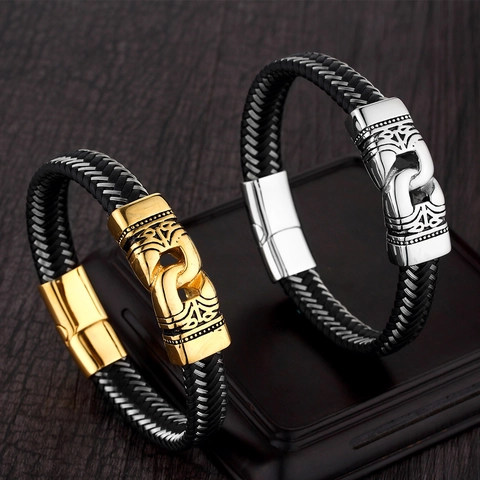 Men Retro Braided Leather Bracelet Viking Totem Carved Stainless Steel Magnetic Clasp Biker Wristband Punk Style Jewelry Gift