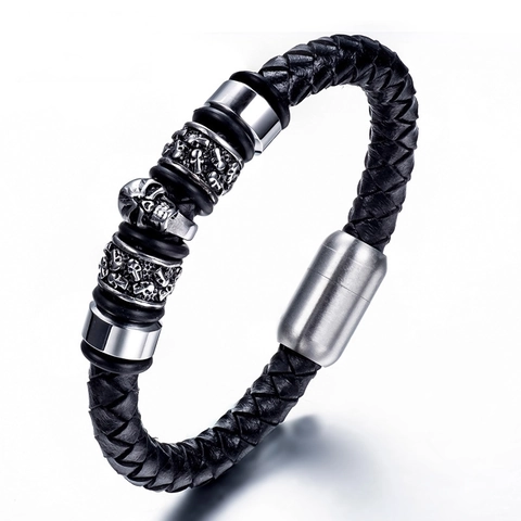 Bracciale in Pelle Intrecciata Punk Rock da Uomo Con Ciondoli a Teschio in Acciaio Inossidabile Chiusura Magnetica Stile Gotico