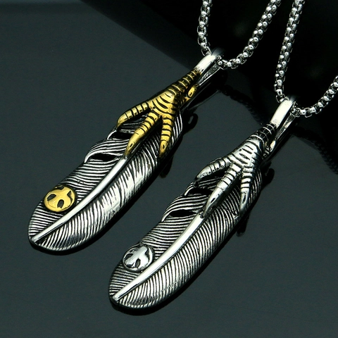 Collar con Colgante de Pluma y Garra de Águila de Acero Inoxidable Estilo Indio Retro Galvanizado Joyería Punk Para Hombre Mujer Regalo