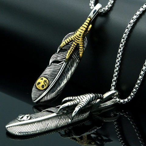 Collar con Colgante de Pluma y Garra de Águila de Acero Inoxidable Estilo Indio Retro Galvanizado Joyería Punk Para Hombre Mujer Regalo