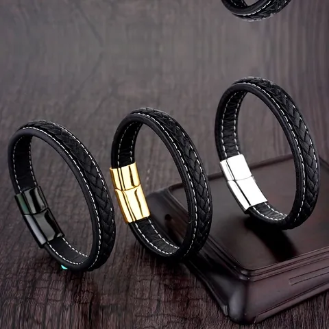Men Fashion Braided Genuine Leather Bracelet With Stainless Steel Magnetic Clasp Black Gold Silver Titanium Steel Bangle