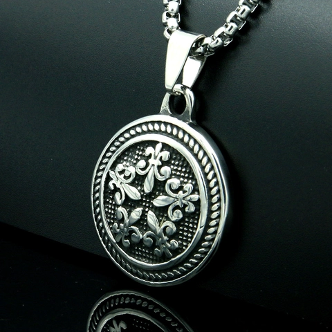Collana Con Ciondolo Vintage in Acciaio Inossidabile Con Rilievo Fleur De Lis Per Uomo Punk Lucidato Rotondo Medaglione