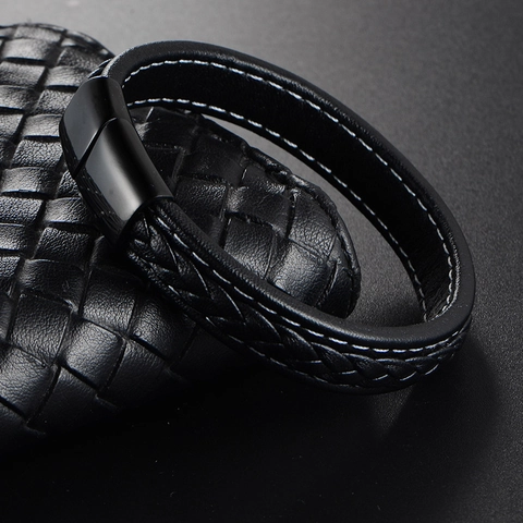 Men Fashion Braided Genuine Leather Bracelet With Stainless Steel Magnetic Clasp Black Gold Silver Titanium Steel Bangle