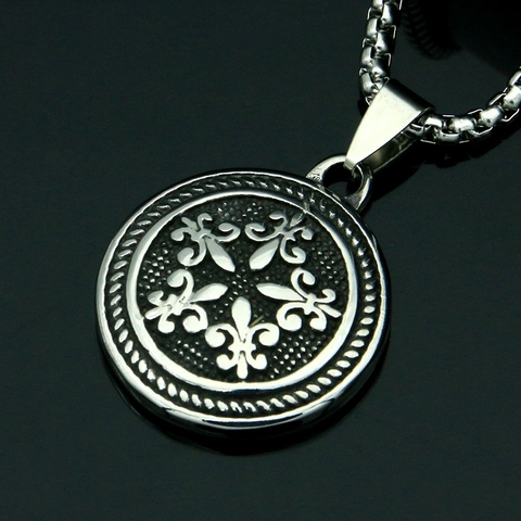 Collana Con Ciondolo Vintage in Acciaio Inossidabile Con Rilievo Fleur De Lis Per Uomo Punk Lucidato Rotondo Medaglione