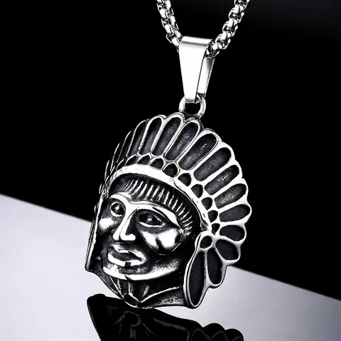 Retro Stainless Steel Indian Chief Head Pendant Necklace For Men Punk Ethnic Jewelry Antique Silver Gold Color Pendant