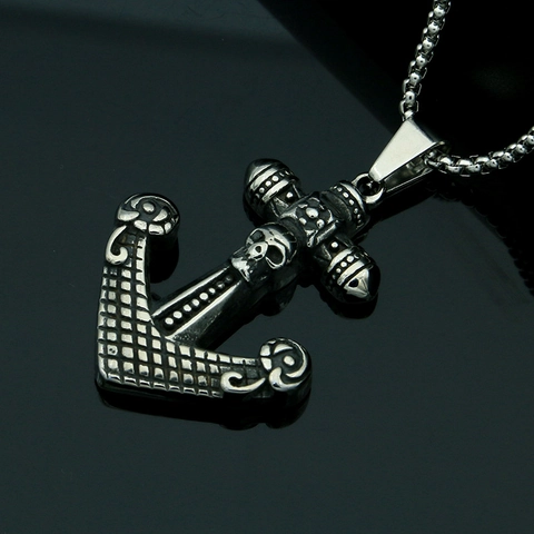Retro Punk Skull Anchor Cross Pendant Necklace Men Gothic Titanium Steel Distressed Jewelry Pendant With Round Box Chain
