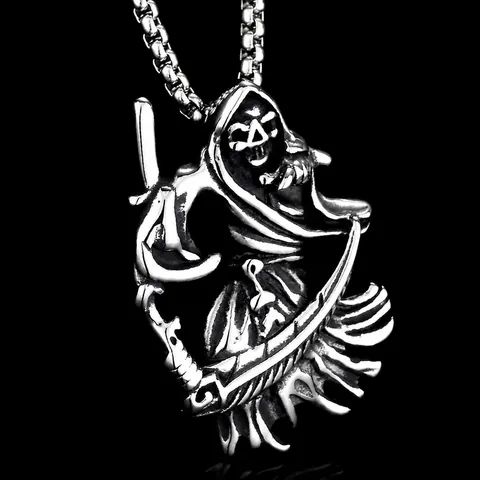 Gothic Stainless Steel Grim Reaper Scythe Pendant Necklace Skeleton Punk Hip Hop Jewelry For Men Women Gold Silver Black
