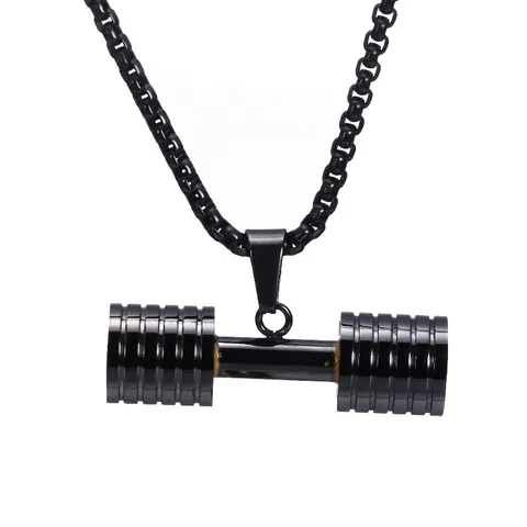 Stainless Steel Fitness Dumbbell Pendant Necklace For Men Sporty Polished GO FIT Engraved Dumbbell Jewelry Accessory