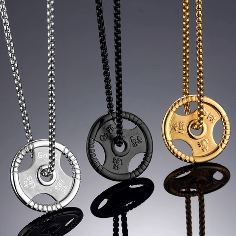 Men Stainless Steel Weight Plate Pendant Necklace Go Fit 45 LBS Barbell Fitness Sporty Hip Hop Workout Jewelry For Men