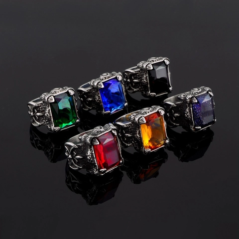 Vintage Stainless Steel Men Ring Large Rectangle Rhinestone Gothic Punk Dragon Claw Cross Design Band Jewelry Finger Ring