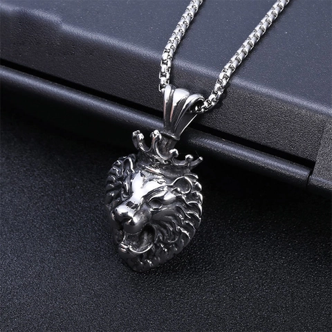 Collana Con Pendente a Testa Di Leone Con Corona Retro Acciaio Inossidabile Gothic Punk Gioielli Da Uomo Per Streetwear