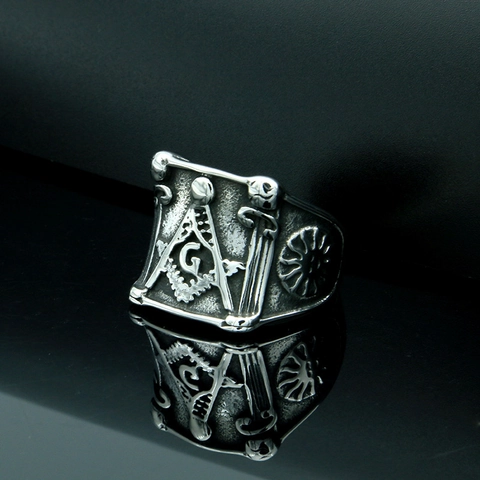Vintage Stainless Steel Masonic Ring For Men Retro G Letter Compass Square Signet Ring Polished Biker Jewelry