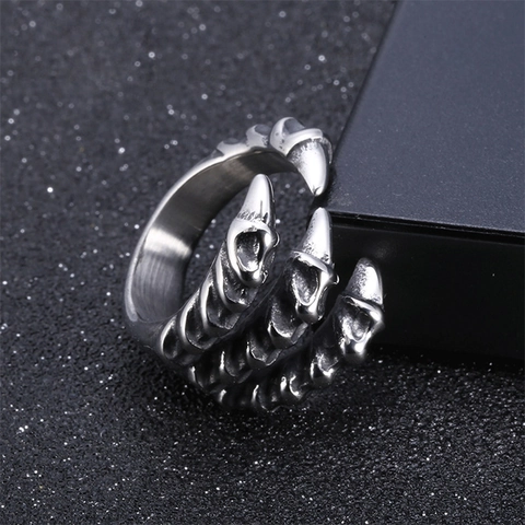 Men Stainless Steel Dragon Claw Ring Gothic Punk Vintage Distressed Adjustable Open Ring Cool Animal Jewelry For Men