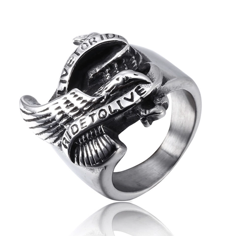 Anillo Águila Motociclista Acero de Titanio para Hombre Punk Retro Animal Joyería Grabado Live To Ride Slogan Regalo Motero