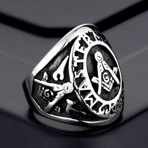 Anillo Masónico de Acero Inoxidable para Hombre Retro Maestro Masón Compás Cuadrado Sello Anillo Hip Hop Punk Joyería Religiosa