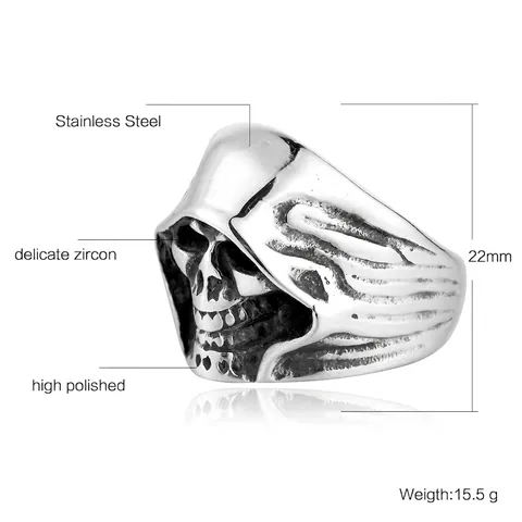 Vintage Punk Stainless Steel Hooded Skull Ring For Men Gothic Grim Reaper Death Biker Ring Rock Hip Hop Jewelry Gift
