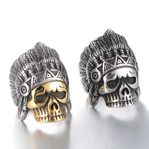 Anello Teschio Capo Indiano Vintage Acciaio Inossidabile Punk Gotico Copricapo Guerriero Anello Retro Hip Hop Biker Gioielli