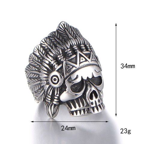 Anello Teschio Capo Indiano Vintage Acciaio Inossidabile Punk Gotico Copricapo Guerriero Anello Retro Hip Hop Biker Gioielli