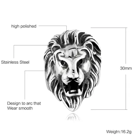 Men's Punk Rock Lion Head Ring Stainless Steel Titanium Steel Biker Animal Finger Ring Gold Black Silver Jewelry