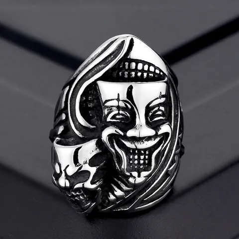 Vintage Gothic Titanium Steel Skull Ring For Men Punk Clown Mask Biker Band Ring Retro Oxidized Silver Jewelry Gift