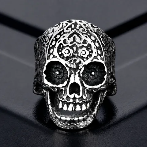 Anillo de Hombre Gótico Punk de Acero de Titanio Calavera de Azúcar Tallado Floral Vintage Dominante Joyería Biker Calavera