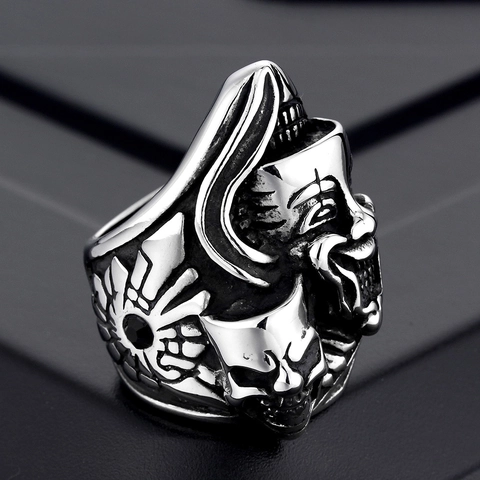 Vintage Gothic Titanium Steel Skull Ring For Men Punk Clown Mask Biker Band Ring Retro Oxidized Silver Jewelry Gift