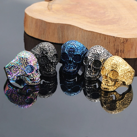 Herren Gothic Punk Titanstahl Zuckerschädel Ring Geschnitzte Blumen Vintage Dominant Biker Schmuck Totenkopf Band Ring Geschenk