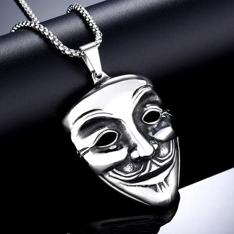Vintage Titanium Steel Guy Fawkes Mask Pendant Necklace For Men Gothic Punk Jewelry V for Vendetta Hacker Mask Necklace