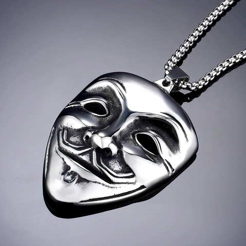 Vintage Titanium Steel Guy Fawkes Mask Pendant Necklace For Men Gothic Punk Jewelry V for Vendetta Hacker Mask Necklace