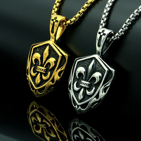 Collar de Colgante de Cruz de Escudo Flor De Lis Punk Rock Retro para Hombre Joyería Biker Gótica de Acero de Titanio Con Cadena Veneciana