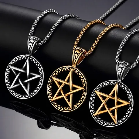 Stainless Steel Pentagram Pendant Necklace For Men Vintage Punk Geometric Round Star Pendant Jewelry With Box Chain