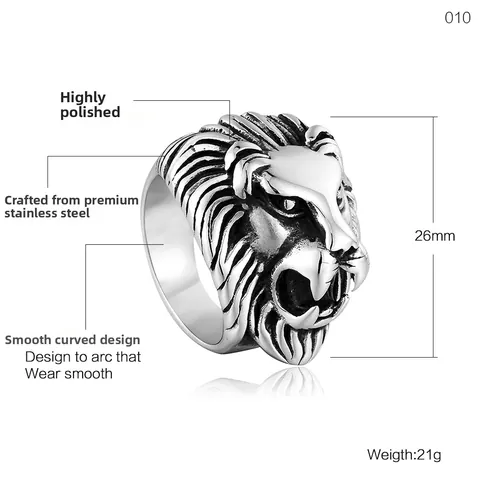 Men's Stainless Steel Lion Head Ring Vintage Punk Biker Style Gold Silver Dominant Animal Design Statement Jewelry Ring