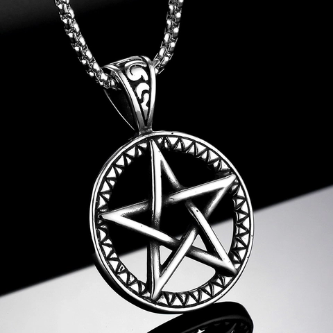Stainless Steel Pentagram Pendant Necklace For Men Vintage Punk Geometric Round Star Pendant Jewelry With Box Chain