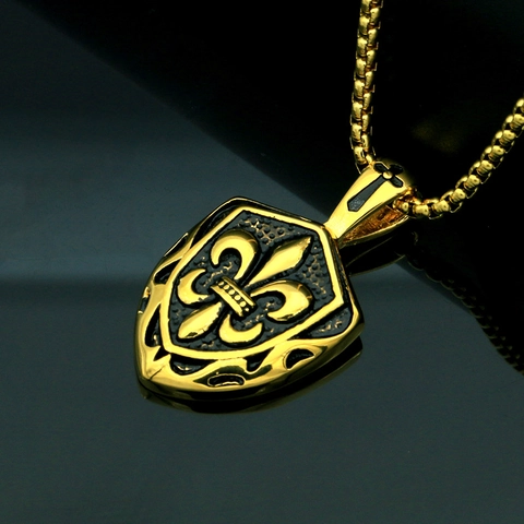 Collar de Colgante de Cruz de Escudo Flor De Lis Punk Rock Retro para Hombre Joyería Biker Gótica de Acero de Titanio Con Cadena Veneciana