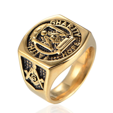 Men Vintage Stainless Steel Masonic Freemasonry Signet Ring Gold Silver Plated Compass Square Letter G Faith Hope Charity Jewelry