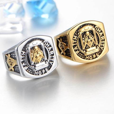 Men Vintage Stainless Steel Masonic Freemasonry Signet Ring Gold Silver Plated Compass Square Letter G Faith Hope Charity Jewelry