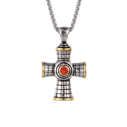 Collana con Ciondolo a Croce in Acciaio al Titanio Retro per Uomo Bicolore Argento Oro con Strass Rossi Intarsiati Gioielli Punk