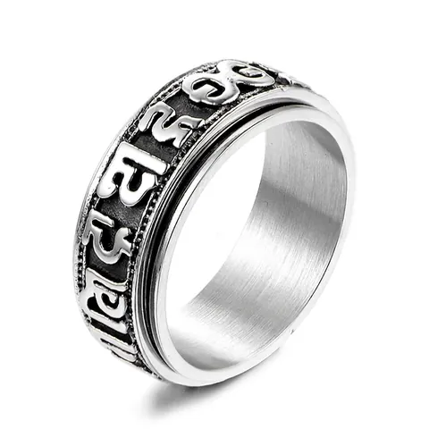 Anello Spinner in Acciaio al Titanio con Mantra dei Sei Caratteri da Uomo Vintage Stile Etnico Rilievo Religioso Gioielli