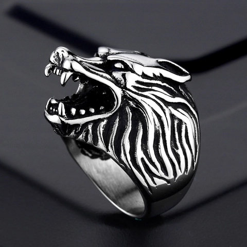 Vintage Punk Men Wolf Head Ring Stainless Steel Gothic Rock Biker Animal Finger Band Statement Jewelry For Men Boys Gift